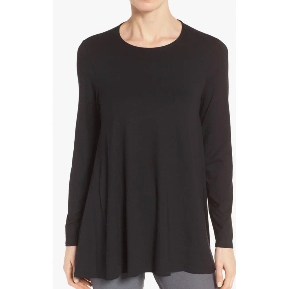 Eileen Fisher Womens Black A-Line Tunic Top Size S Viscose Jersey Long Sleeve